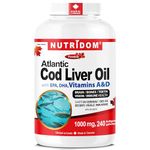 NUTRIDOM Atlantic Cod Liver Oil 1000 mg – 240 Fish Gelatin Softgels – Rich in EPA, DHA, Vitamins A & D – Non-GMO, Gluten-Free, Made in Canada (240 count (Pack of 1))