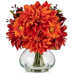 Arborus Faux Fall Flowers in Vase, Artificial Dahlia & Mum Silk Floral Arrangement with Clear Glass Vase Fake Autumn Flowers Bouquet for Home Office Dining Room Table Centerpiece Decor(Orange/Red)