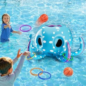 Funscape Octopus Pool Toys, 2-in-1 Inflatable Floating Pool Game, Basketball Hoop & Ring Toss Water Game, Outdoor Summer Beach Backyard Play, Cool Family Party Gift 3 4 5 6 7 8 Year Old Boy Girl Child