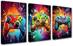 Gaming Canvas Game Console Splashing Artwork Modern Wall Art Colorful Painting Prints Poster for Boys Room Office Workplace Gaming Enthusiast Home Wall Decor Stretched Easy to Hang 42”Wx20”H