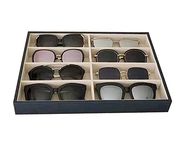 Premium Quality Sunglasses Eyewear Jewelry Tray Organizer Display Dark Blue PU Leather Exterior Soft Velvet Liner Beige