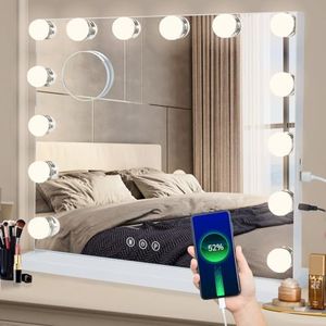 Hollywood Vanity Mirror with Lights, Large Light Up Makeup Mirror with 14 Dimmable LED Bulbs 3 Lighting Modes, Touch Screen Control Tabletop and Wall Mounted Mirror for Bedroom, Dressing Table