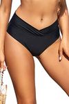 SHEKINI Women's High Waist Bikini Bottoms Ruched Foldover Front Swimming Briefs Full Coverage Swim Shorts, Black, Small