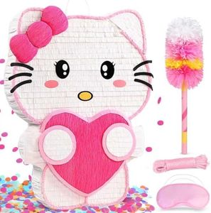Large Pink Cat Pinata - Includes 24" Bat Stick, Eye Mask, Rope - Cute Love Heart Design for Girls' Birthday Party Cat-Themed Event