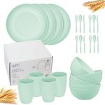 24pc Wheat Straw Dinnerware Sets for 4 Lightweight & Unbreakable Dishes Microwave & Dishwasher Safe Perfect for Camping, Picnic, RV, Dorm Plates, Cups and Bowls (Green, 24pc Set)