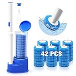 NEWE Disposable Toilet Brush with Tweezers, Toilet Bowl Wand Holder Set with 42PCS Cleaner Refills, Bathroom Cleaning System for Sink Bathtub Drain Wash Basin Urinal (Blue)