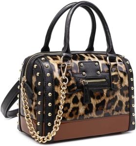 Dasein Women's Barrel Bag Shiny Patent Faux Leather Handbag with Rivet Decoration Top Handle Satchel Shoulder Purse (Small Leopard)