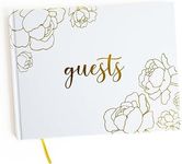 GSM Brands Wedding Guest Book, Simple Flower Bloom Line Art, 9 x 7 60 Lined Guestbook Pages, Elegant Gold Foil Embossed Design with Gold Page Edges