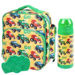 Bentology Kids Lunch Bag Set w Matching Reusable Water Bottle & Hard Ice Pack- Green Monster Trucks- Insulated Tote, Stainless Steel Insulated Thermos, Hard Ice Pack- Back to School Lunchbox Kits