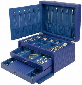 Homruilink Genuine Leather Jewelry Box – 3 Layer Large Jewelry Organizer with Mirror, Lockable Jewelry Box for Women – Necklace, Ring, Earring Organizer with Drawer - Fathers Day Gift (Blue)