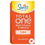 Swiss Natural Total One Teen Multi Vitamin & Mineral | Calcium, Biotin & Vitamin B12 | Daily Maintenance for Overall Health | No Preservatives and Dairy | 90 Caplets