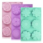 6-Cavity Silicone Flower Shape Cake Molds, YuCool 3 Packs Fondant Shape Decorating Ice Cube Trays for Homemade Cake Chocolate Cupcake - Purple Green Pink