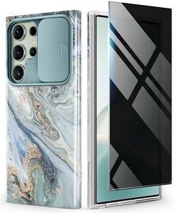 GVIEWIN for Samsung Galaxy S24 Ultra Case with Slide Camera Cover+Privacy Screen Protector, [Military Grade Shockproof] Marble Protective Slim & Tough Phone Case for S24 Ultra 6.8"(Ocean Tide/Green)
