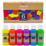 Artecho Neon Paint - Set of 6 Colors, 59 ml / 2 oz Acrylic Paint for Decoration, Art Painting, Outdoor and Indoor Art Craft, Supplies for Canvas, Rock, Wood, Fabric, Waterproof Rich Pigments