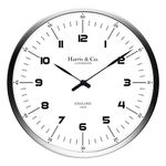 HARRIS & CO. CLOCKMASTERS Premium Wall Clock Luxury Number Dial - 13 Inch (Metal Frame & Curved Glass)(Silent Sweep Noiseless Technology)(Harley Street), Analog, White