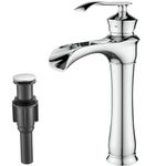 Tall Bathroom Vessel Sink Faucet, Arkosdex Retro Waterfall Bathroom Faucet, 1 Hole Vanity Sink Faucet with Pop Up Drain & Water Hoses, Elegant Lines & Waterfall Spout Design, Brass (Chrome)