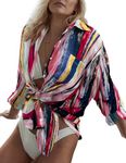 Bsubseach Print Button Down Beach Shirt Blouses Swimsuit Cover Ups for Women Beach Coverup Red and Yellow Tie Dyeing