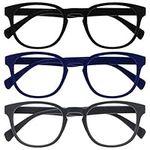 Opulize Pop Reading Glasses 3 Pack Fun Round Matt Frame Black Blue Grey Spring Hinges Scratch Resistant Mens Womens RRR2-137 +2.00