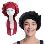 WUBAYI 2PCS Satin Bonnet, Silk Bonnet Hair Wrap for Sleeping, Hair Bonnet for Bath, Tie Band for Women Long Curly Braid Hair (Black, Red)