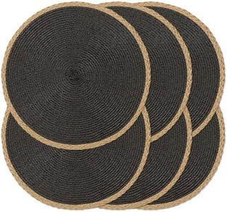 Noctiflorous Round Braided Placemats Set of 6 Table Mats 15 Inches Washable Heat Resistant for Dining Table Non-Slip Indoor Outdoor Place Mats for Thanksgiving Christmas Easter(Black Thin Edge 6)