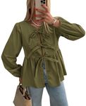 PRETTYGARDEN Women's Babydoll Peplum Blouse Shirt Puff Long Sleeve Bow Tie Front Trendy Cute Y2K Going Out Tops (Solid Army Green,Large)