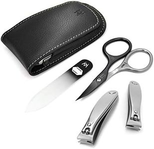 4pcs Travel Nail Care Kit German FINOX22 Titanium Steel: Self Sharpening Scissors, Toenail Clippers, Clipper and Crystal Glass Nails File Pocket Manicure Set in Leather by GERmanikure Solingen