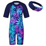 ZNYUNE Girls UV Sun Protection Swimsuit One Piece Long Sleeve UPF 50+ Sunsafe Swimwear Kids Swimming Costume with Zipper 4-12 Years S419 NavyLeaves 4A