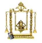 Two Moustaches Brass Ganesha On Jhoola Swing with Bells Showpiece, Standard, Yellow, 1 Piece