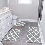 Pauwer Ultra Soft Bathroom Mat Sets 3 Piece Grey Luxury Non Slip Absorbent Bath and Toilet Mat Set Machine Washable Bath Floor Rug Shower Rug