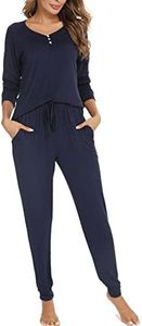Vlazom Pyjamas Set for Women, Soft Two Pieces Pjs Sets Long Sleeve Button Down Tops and Pants Sleepwear with Pockets, A-Navy Blue,M