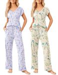 Ekouaer 2 Pack Womens Pajamas Short Sleeve Sleepwear Top with Pants Super-Soft Printed Lounge Sets S-XXL