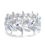 BriLove Wedding Bridal Bracelets for Brides, Clear Crystal Marquise-Shape Leaf Stretch Bangle Bracelet for Women Prom Silver-Tone