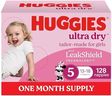 Huggies Ultra Dry Nappies Girls Size 5 (13-18kg) 128 Count - One Month Supply (Packaging May Vary)