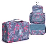 Hanging Travel Toiletry Bag, Ginsco Makeup Bag Cosmetic Bag for Women, Portable Water Resistant Toiletries Bag for Travel, Makeup Organizer with 4 Compartments & 1 Sturdy Hooks Blue Flamingo