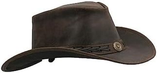 WALKER AND HAWKES - Brown Premium Cowhide Leather Cowboy Hat with String Outback Antique Hat Outdoor Sun Protect Unisex - Dark Brown - Large (59cm)