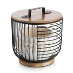 MosJos Coffee Filter Holder for Counter with Wooden Lid - Round Black Wire Coffee Pod Storage Container Basket for Kitchen Countertop Organization - Coffee Bar Accessories