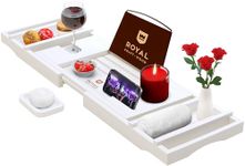 ROYAL CRAFT WOOD Luxury Bathtub Caddy Tray, 1 or 2 Person Bath and Bed Tray, Bath Tub Table Caddy with Extending Sides, Adjustable Organizer Tray for Bathroom - Free Soap Dish (White)