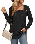 Aokosor Long Sleeve Tops Women Square Neck Jumpers Ladies Button Sweatshirts Curved Hem Black Size 10-12