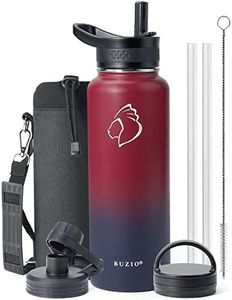 BUZIO 40 oz Water Bottle Insulated with Straw & 3 lid and Carrying Pouch, Leak Proof Anti-Slip Stainless Steel Water Flask Jug, Cold for 48 Hrs Double Vacuum Thermo Canteen, BPA-Free, Blue
