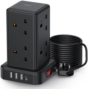 Tower Extension lead 5M, 13A Surge Protection Extension lead with Switch, 8 AC Outlets & 4 USB Ports Plug Extension Socket, Extension Cable 5M Mini Power Strip for Office, Home, Kitchen