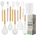 Silicone Kitchen Utensils Set with Holder – 11 Pcs wooden Cooking Utensils Set Kitchen Gadgets - Heat Resistant Utensil Sets for Cookware & Baking Home Kitchen Accessories (BPA Free) - White