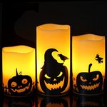 Eldnacele Halloween Flameless Candles, LED Flickering Battery Pillar Candles with 6H Timer and Pumpkin Decals, Spooky Fall Halloween Festival Party Decoration Set of 3 (D 3” x H 4” 5” 6”)