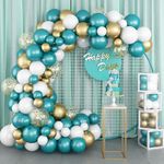 Balloon Arch Kit Pearl Retro Teal Blue White Metallic Gold Balloons Garland Kit with Confetti Balloons Peacock Turquoise Blue Birthday Party Balloons Decorations for Kids Boy Ocean Baby Shower Wedding