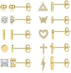 BOUTIQUELOVIN Gold Stud Earrings Set for Women 10 Pairs 14K Hypoallergenic Flat Pad/Ball/Bar/Heart/Butterfly/Cross CZ Small Earrings Set