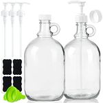 Sovietiep Half Gallon Glass Soap Dispenser, 64 Oz Glass Pump Bottle for Laundry Detergent Dispenser w 4 Pumps and 2 Airtight Lids, Bathroom, Kitchen, Laundry Room(Extra Labels and Funnel) - Set of 2