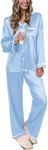 Ekouaer Satin Pajamas for Women Set 2 Piece Long Sleeve Button Up Sleepwear Silky PJ Pants Sets Soft Comfy Loungewear Light Blue L