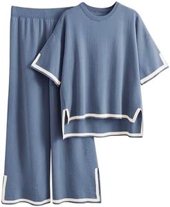 Tanming Sweater Sets Women 2 Piece Lounge Sets Short Sleeve Knit Pullover Tops Wide Leg Pants (Blue-XL)