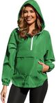 PESION Women's Windbreaker & Waterproof Hooded Rain Jacket Lightweight Outdoor Fashionable Jacket Zip Coat Outerwear Raincoat with Pockets for Mountaineering Hiking Fish Travel, Green, 3X-Large