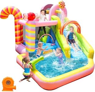 NBSPORT 6-in-1 Inflatable Water Slide Bounce House for Kids Ages 3-10, Candy Inflatable Water Park with Splash Pool, Climbing Wall, Basketball Hoop, 840D Oxford, 450W Blower for Backyard