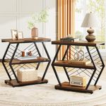 Tribesigns End Table, Industrial Side Table with 3 Storage Shelves, Wood Sofa Side Table with Geometric Metal Frame, Bedside Table for Living Room, Bedroom (1PC, Retro Brown)